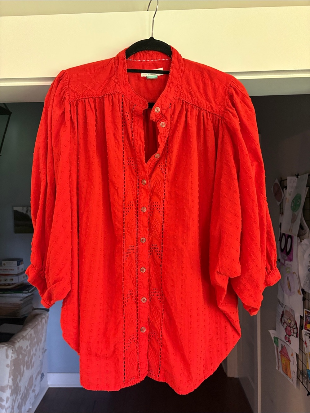 Anthropologie Red Eyelet Button-Down Blouse with Lace Panels